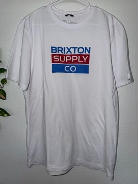 Brixton White T-Shirt with Blue and Red Block Logo